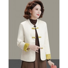 Plus Size - Plus Size, Women'S Chinese Cheongsam Coat - Elegant Vintage Tang Suit Jacket with Pastel pink & Golden Floral pattern, Non-Stretch Fabric, Button Front Closure, Traditional Cultural Formal & Everyday Chic Outerwear for Chinese New Year, Weddings, Cultural Events - Ready-to-Wear Women'S Clothing, Wedding Attire, Nontransparent Material, Festive Wear, Durable Construction, Plus Size Women