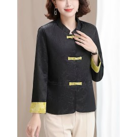 Plus Size - Plus Size, Women'S Chinese Cheongsam Coat - Elegant Vintage Tang Suit Jacket with Pastel pink & Golden Floral pattern, Non-Stretch Fabric, Button Front Closure, Traditional Cultural Formal & Everyday Chic Outerwear for Chinese New Year, Weddings, Cultural Events - Ready-to-Wear Women'S Clothing, Wedding Attire, Nontransparent Material, Festive Wear, Durable Construction, Plus Size Women