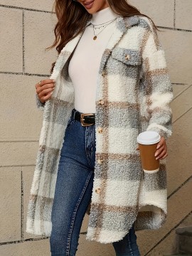 [Faux Fur Coat] Women's Casual Plaid Faux Fur Coat with Button Front & Lapel Collar - Machine Washable All-Season Outerwear Beige/White/Brown/Gray/Black, Casual Attire, Stylish Jacket, Cozy Fabric, Buttonup Jacket, Fashion Lovers