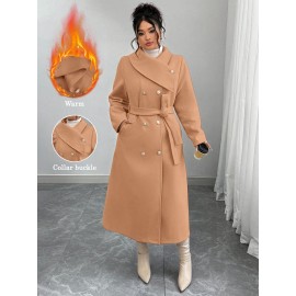 [Women's Outerwear] Plus Size Elegant Winter Coat - Women's Double-Breasted Asymmetrical Jacket with Belted Waist | Long Sleeve Trench Coat (Black) | Machine Washable for Weddings & Formal Events