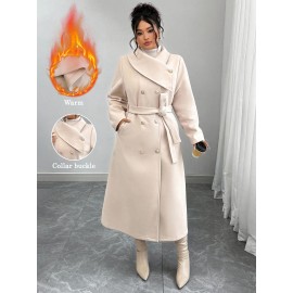 [Women's Outerwear] Plus Size Elegant Winter Coat - Women's Double-Breasted Asymmetrical Jacket with Belted Waist | Long Sleeve Trench Coat (Black) | Machine Washable for Weddings & Formal Events