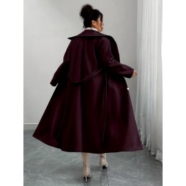 [Women's Outerwear] Plus Size Elegant Winter Coat - Women's Double-Breasted Asymmetrical Jacket with Belted Waist | Long Sleeve Trench Coat (Black) | Machine Washable for Weddings & Formal Events