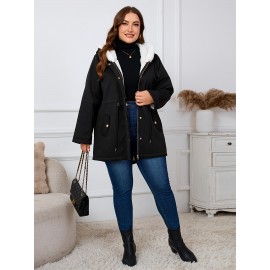Plus Size, Women's Oversized Elegant Hooded Winter Coat - Heavyweight Full-Length Winter Jacket with Golden-Tone Hardware, Machine Washable Long Sleeve Trench Coat with Pockets for Fall & Winter, Plus Size Available (Solid Black) - Casual to Formal Outerwear