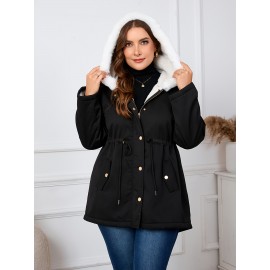 Plus Size, Women's Oversized Elegant Hooded Winter Coat - Heavyweight Full-Length Winter Jacket with Golden-Tone Hardware, Machine Washable Long Sleeve Trench Coat with Pockets for Fall & Winter, Plus Size Available (Solid Black) - Casual to Formal Outerwear