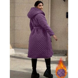 Plus Size - Elegant Fashion Quilted Over-the-Knee Dress with a Loose Hooded Design, Featuring a Belt for Women.