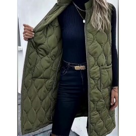Chic Plus Size Sleeveless Vest - Casual Zip-Up, Warm Puffer Jacket for Women, Solid Color with Stand Collar