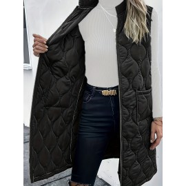 Chic Plus Size Sleeveless Vest - Casual Zip-Up, Warm Puffer Jacket for Women, Solid Color with Stand Collar