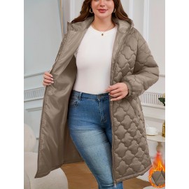 Plus Size, Elegant Quilted Square Flower Zip-Up Hooded Coat - Burgundy All-Season Machine Washable Outerwear with Zipper Closure & Hooded Design, Casual Wear, Sophisticated Style, Finish, Lightweight Layering, Stylish Jacket, Durable Fabric, Zip Front Jacket, Casual Attire