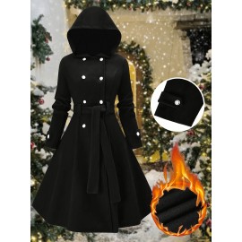 [Plus Size Christmas Coat] Christmas Women's Plus Size Coat | Elegant Double-Breasted Hooded Fleece-Style Polyester Coat with Ribbed Cuffs & Hem, Machine Washable Winter Outerwear for Holiday Parties & Cold Weather
