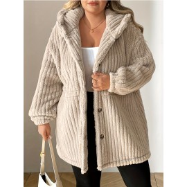 Plus Size - Plus Size, Women'S Plus Size Elegant Teddy Bear Jacket - Cozy Winter Coat with Front Button Closure, Soft Plush & Hooded Collar, Machine Washable (pink) - Casual Outerwear For Cold Weather