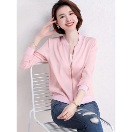 Elegant V-Neck Long Solid Color Cardigan for Women - Chic Non-Stretch Fabric, Perfect for All Seasons, Stylish Pink Blazer with Ribbed Cuffs and Hem