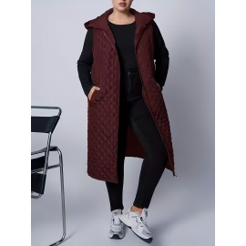 Plus Size, Women's Oversized Burgundy Hooded Vest - Thickened Long Sleeveless Coat with Full-Zip Closure, Machine Washable Winter Warmth, Elegant Casual to Formal Outerwear for Fall & Winter (Plus Size Available) - Solid Burgundy Coat for Women, Knee-Length Design, Relaxed Fit, Chic Hooded Style, Versatile Layering Piece for Casual Attire, Winter Vest for Women Plus Size, Plus Size Coats, Sleeveless Jacket for Women, Womens Curve Winter Vest, Vest for Women Winter