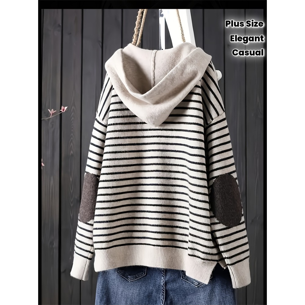 Plus Size, Plus Size Women's Elegant Oversized Hooded Sweater - Beige & Black White Striped Cardigan Jacket, Soft -like Texture Pullover for Spring/Fall Layering, Casual to Dressy Wear (No)