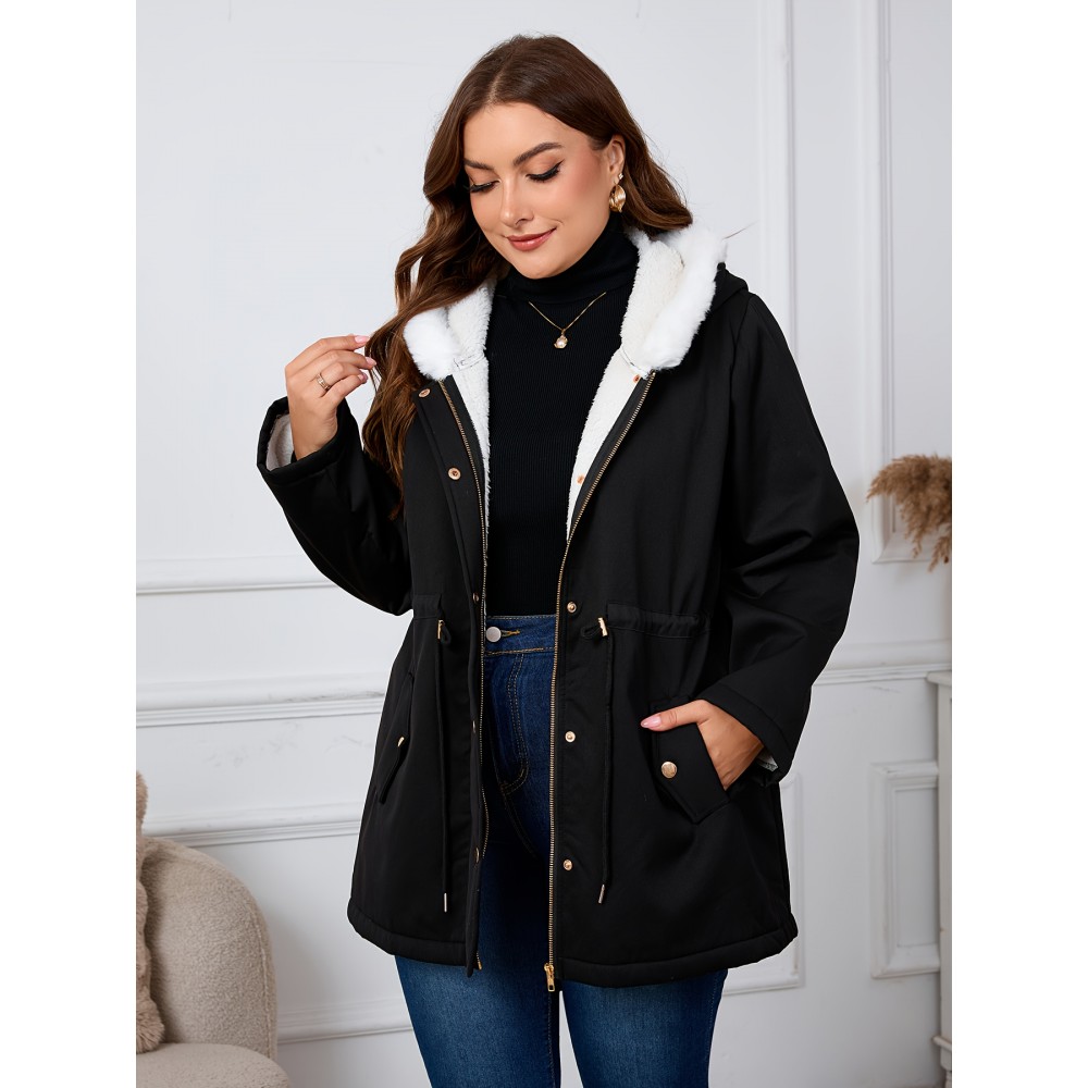 Plus Size, Women's Oversized Elegant Hooded Winter Coat - Heavyweight Full-Length Winter Jacket with Golden-Tone Hardware, Machine Washable Long Sleeve Trench Coat with Pockets for Fall & Winter, Plus Size Available (Solid Black) - Casual to Formal Outerwear